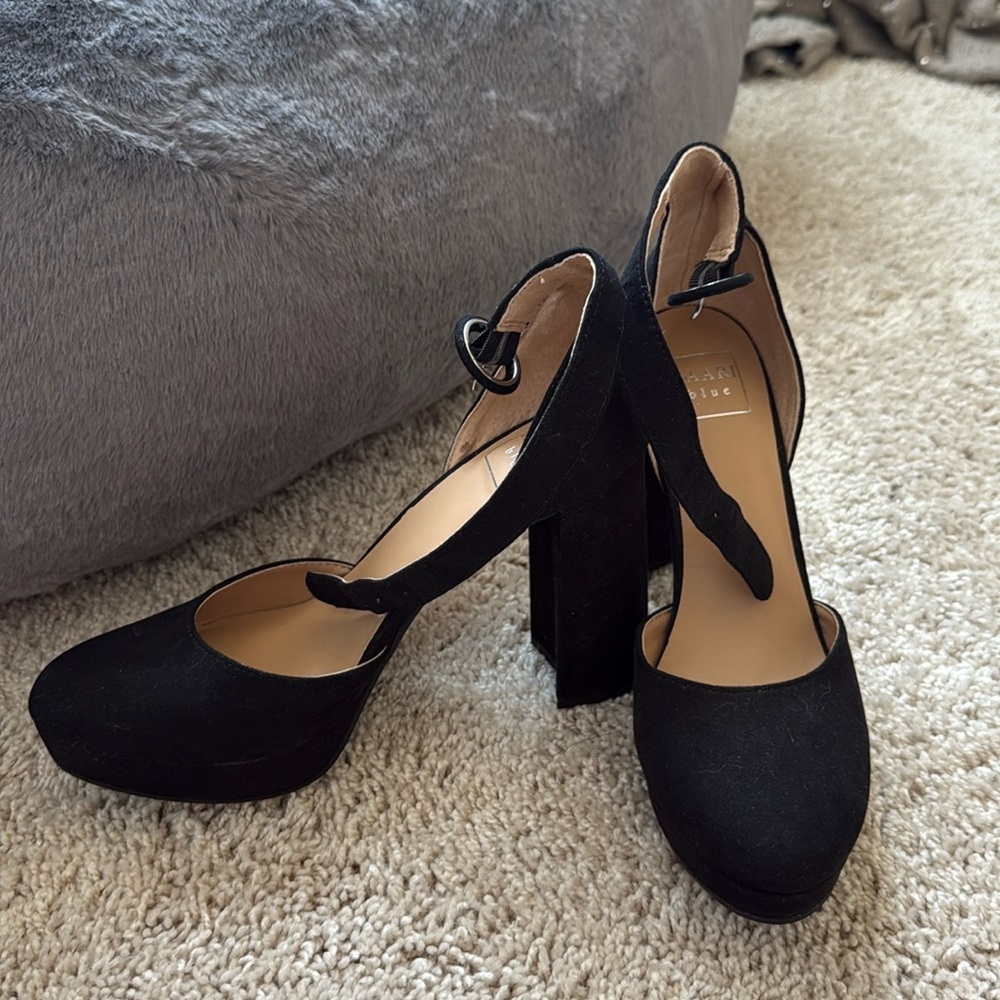 Kaari Blue Black Faux Suede Block Heels